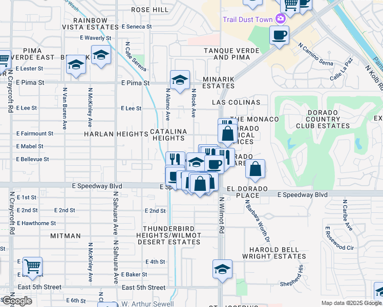 map of restaurants, bars, coffee shops, grocery stores, and more near 6171 East Bellevue Street in Tucson