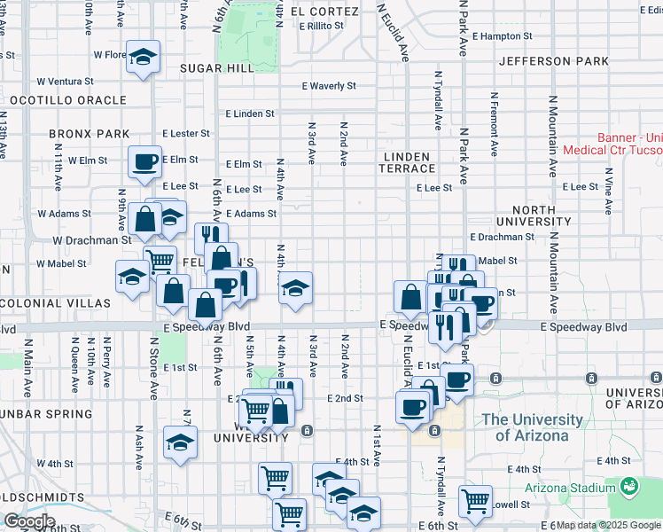 map of restaurants, bars, coffee shops, grocery stores, and more near 530 East Mabel Street in Tucson