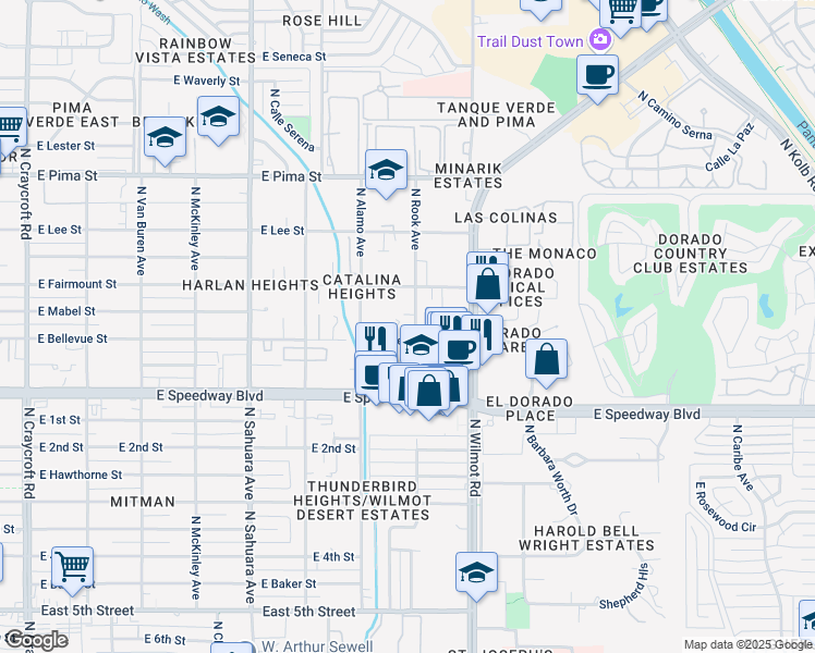 map of restaurants, bars, coffee shops, grocery stores, and more near 6171 East Bellevue Street in Tucson