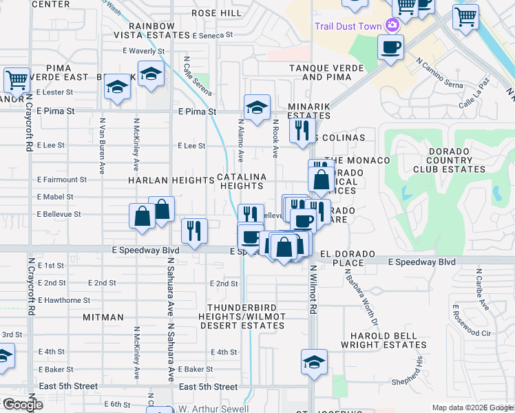 map of restaurants, bars, coffee shops, grocery stores, and more near 135 East Bellevue Street in Tucson
