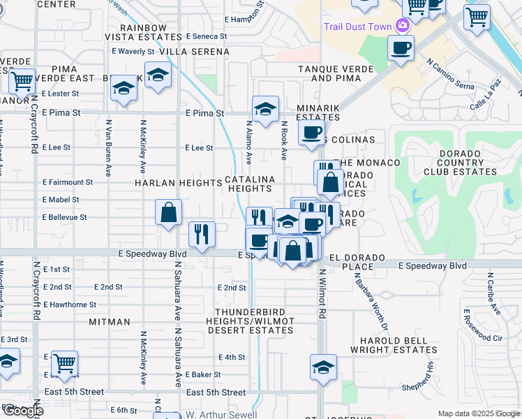 map of restaurants, bars, coffee shops, grocery stores, and more near 135 East Bellevue Street in Tucson
