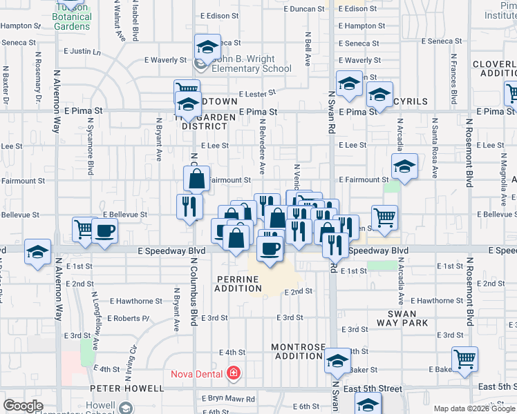 map of restaurants, bars, coffee shops, grocery stores, and more near 4507 East Bellevue Street in Tucson
