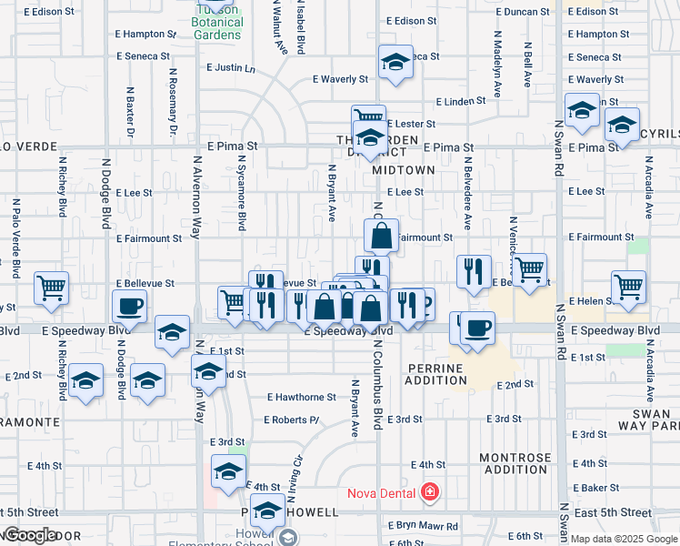 map of restaurants, bars, coffee shops, grocery stores, and more near 4215 East Bellevue Street in Tucson