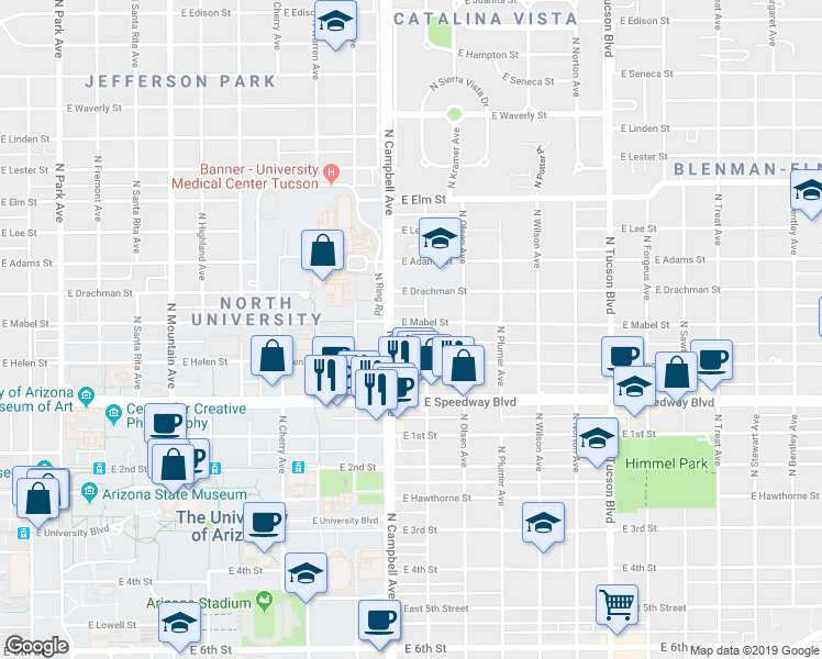 map of restaurants, bars, coffee shops, grocery stores, and more near in Tucson