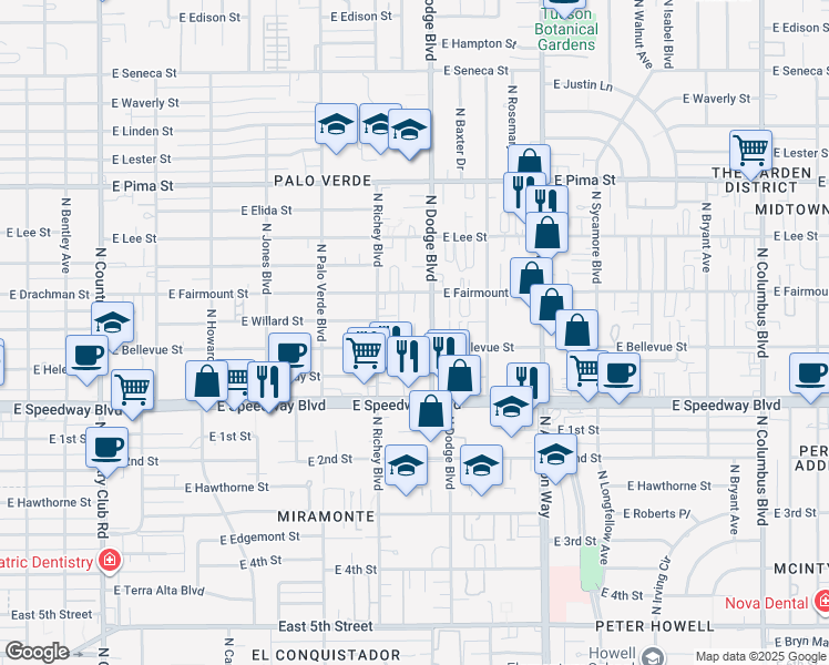 map of restaurants, bars, coffee shops, grocery stores, and more near 3649 East Bellevue Street in Tucson
