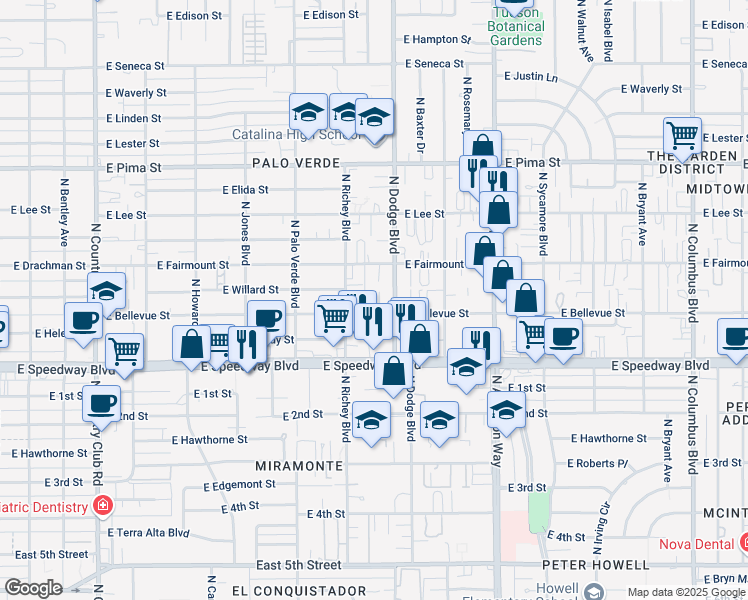 map of restaurants, bars, coffee shops, grocery stores, and more near 3636 East Bellevue Street in Tucson