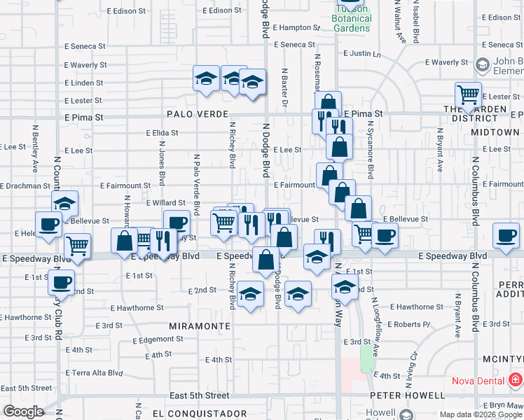 map of restaurants, bars, coffee shops, grocery stores, and more near 3636 East Bellevue Street in Tucson