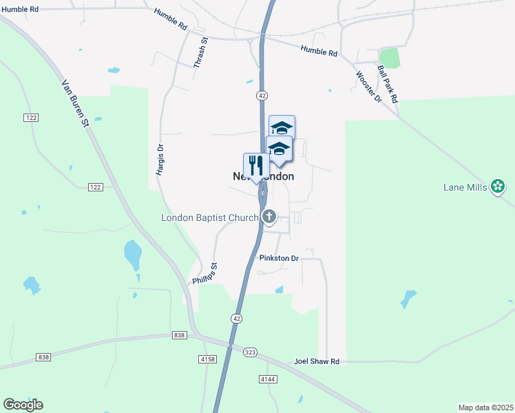 map of restaurants, bars, coffee shops, grocery stores, and more near in New London