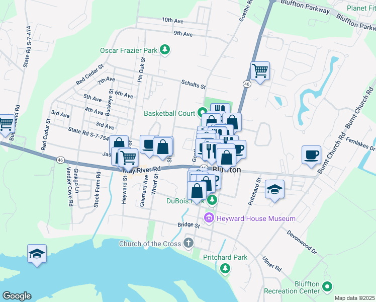 map of restaurants, bars, coffee shops, grocery stores, and more near 9 Dustin Loop in Bluffton