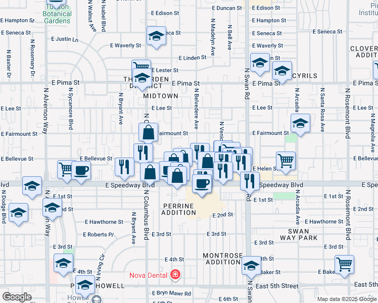 map of restaurants, bars, coffee shops, grocery stores, and more near 4419 East Bellevue Street in Tucson