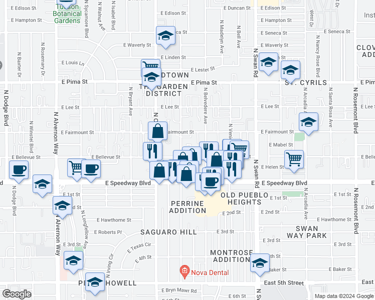 map of restaurants, bars, coffee shops, grocery stores, and more near 4419 East Bellevue Street in Tucson