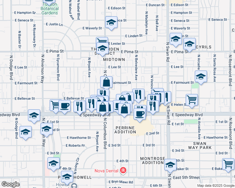 map of restaurants, bars, coffee shops, grocery stores, and more near 4361 East Bellevue Street in Tucson