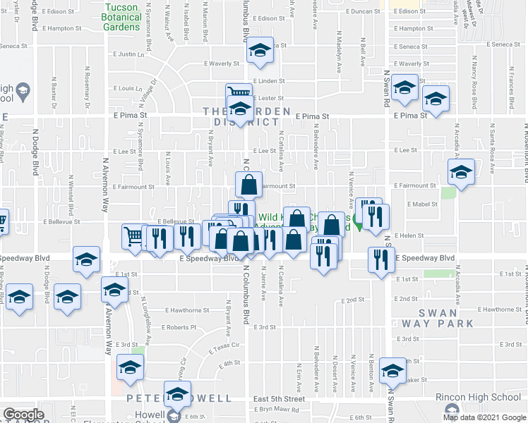 map of restaurants, bars, coffee shops, grocery stores, and more near 4361 East Bellevue Street in Tucson