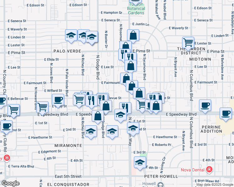 map of restaurants, bars, coffee shops, grocery stores, and more near 3814 East Bellevue Street in Tucson