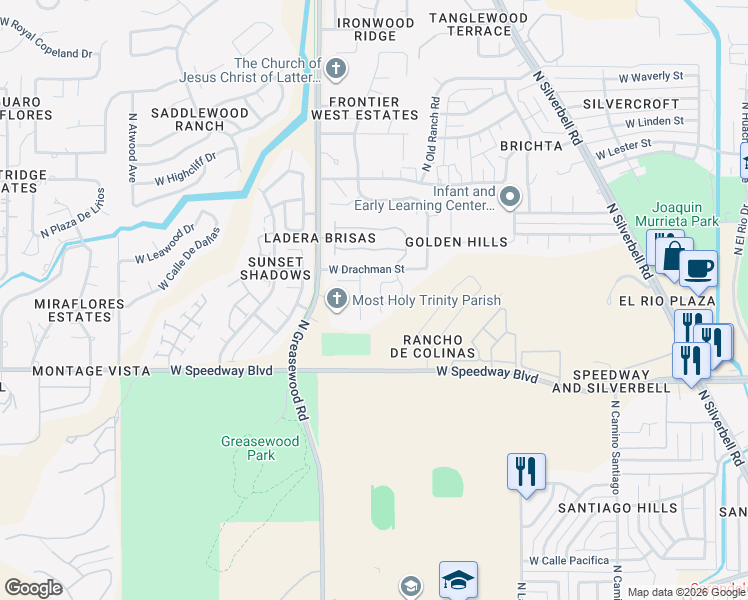 map of restaurants, bars, coffee shops, grocery stores, and more near 1265 North Wildcat Diers Road in Tucson