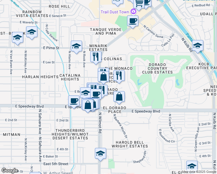 map of restaurants, bars, coffee shops, grocery stores, and more near 1200 North El Dorado Place in Tucson