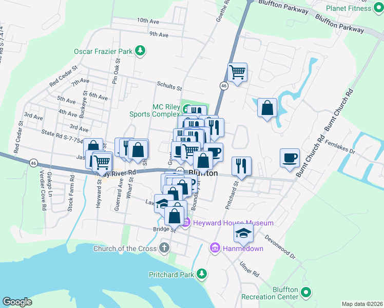 map of restaurants, bars, coffee shops, grocery stores, and more near 5 Promenade Street in Bluffton