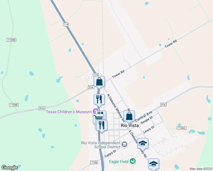 map of restaurants, bars, coffee shops, grocery stores, and more near 506 North Cleburne Whitney Road in Rio Vista