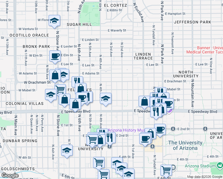 map of restaurants, bars, coffee shops, grocery stores, and more near E Mabel St & N 3rd Ave in Tucson