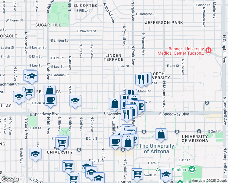 map of restaurants, bars, coffee shops, grocery stores, and more near N Euclid Ave & E Mabel St in Tucson