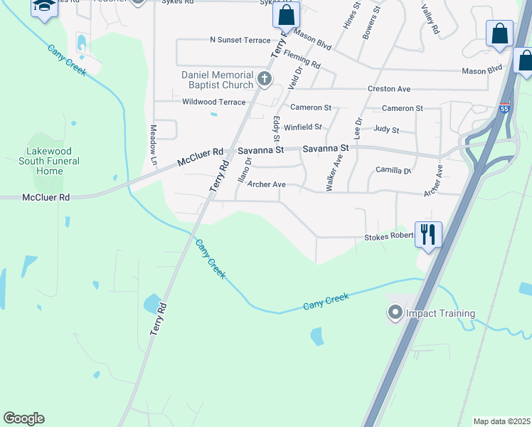 map of restaurants, bars, coffee shops, grocery stores, and more near 145 Stokes Robertson Road in Jackson