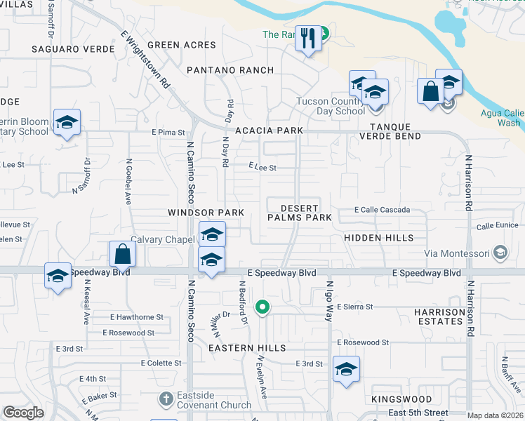 map of restaurants, bars, coffee shops, grocery stores, and more near 8917 East Calle Kuehn in Tucson