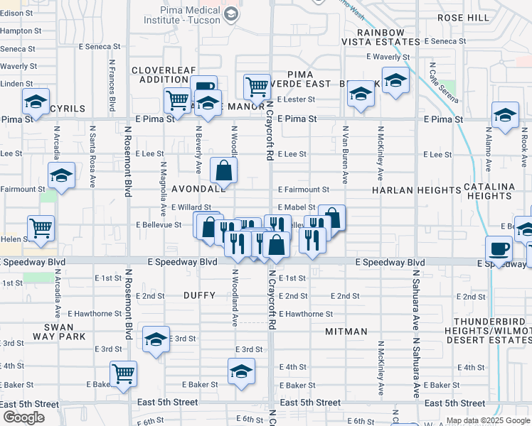 map of restaurants, bars, coffee shops, grocery stores, and more near 5501 East Bellevue Street in Tucson