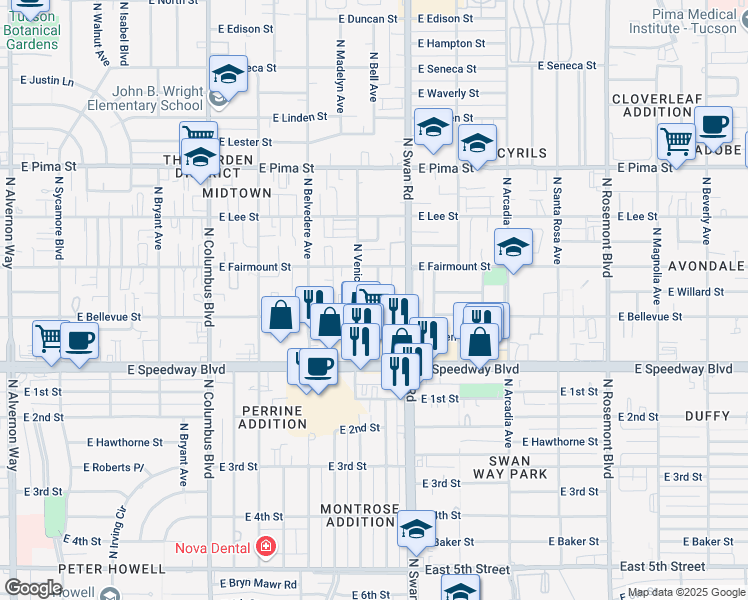 map of restaurants, bars, coffee shops, grocery stores, and more near 4637 East Bellevue Street in Tucson