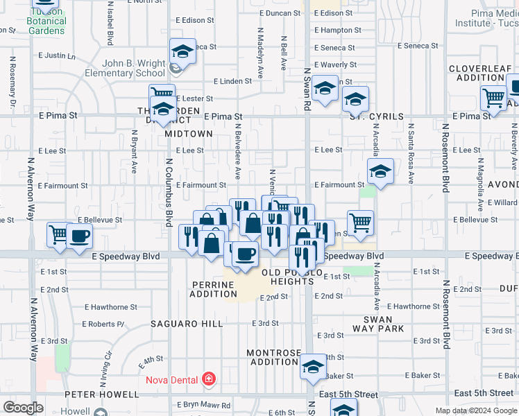 map of restaurants, bars, coffee shops, grocery stores, and more near 1201 North Venice Avenue in Tucson
