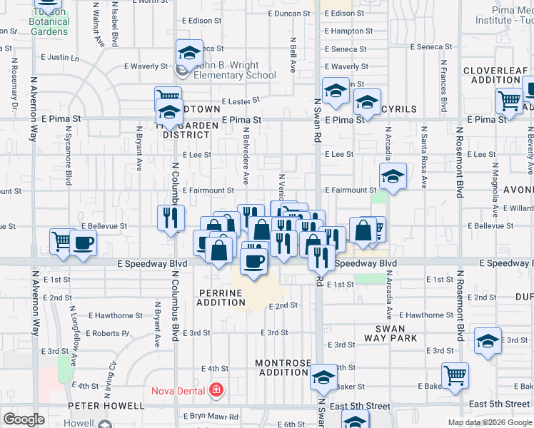 map of restaurants, bars, coffee shops, grocery stores, and more near 1201 North Venice Avenue in Tucson