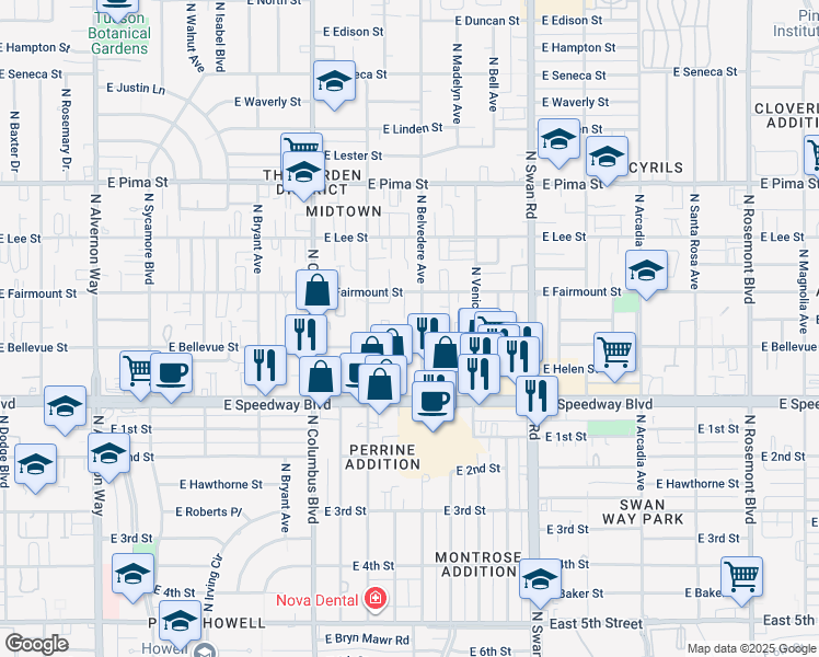 map of restaurants, bars, coffee shops, grocery stores, and more near 4419 East Bellevue Street in Tucson