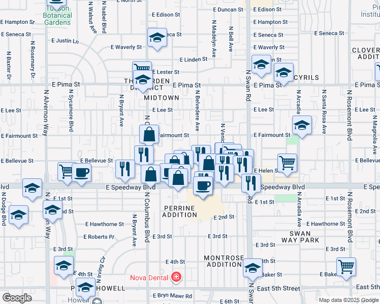 map of restaurants, bars, coffee shops, grocery stores, and more near 4419 East Bellevue Street in Tucson