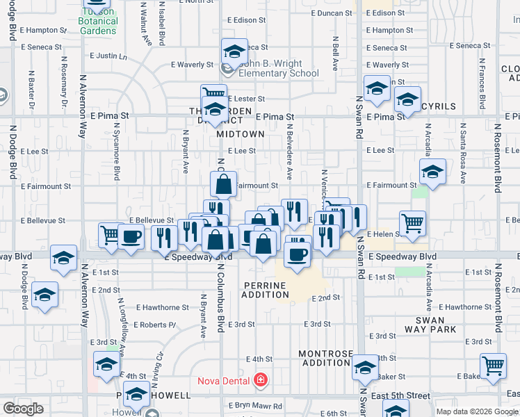 map of restaurants, bars, coffee shops, grocery stores, and more near 4361 East Bellevue Street in Tucson