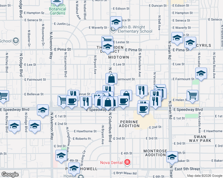 map of restaurants, bars, coffee shops, grocery stores, and more near 4301 East Bellevue Street in Tucson