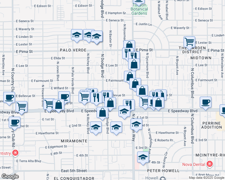 map of restaurants, bars, coffee shops, grocery stores, and more near 3719 East Bellevue Street in Tucson