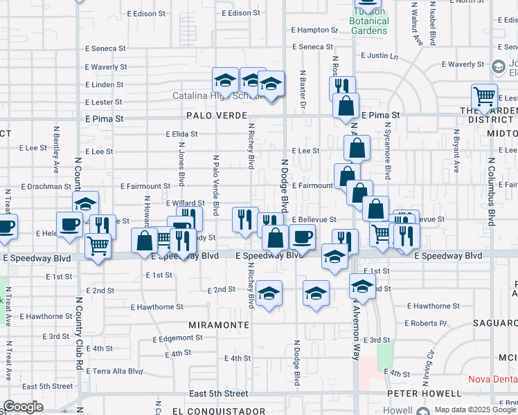 map of restaurants, bars, coffee shops, grocery stores, and more near 3605 East Bellevue Street in Tucson