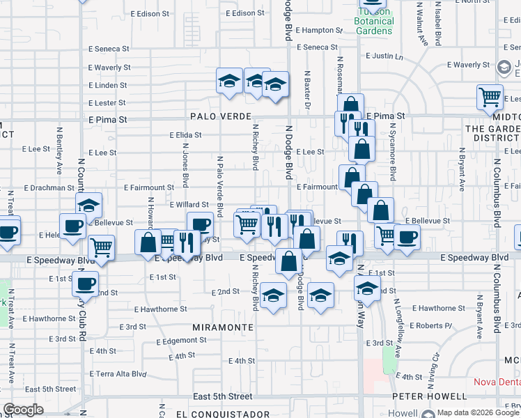 map of restaurants, bars, coffee shops, grocery stores, and more near 3605 East Bellevue Street in Tucson