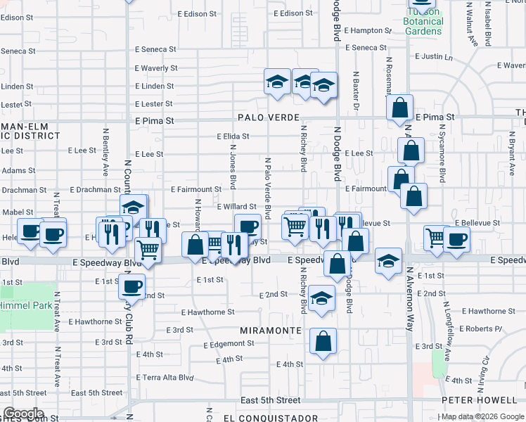 map of restaurants, bars, coffee shops, grocery stores, and more near 3443 East Bellevue Street in Tucson
