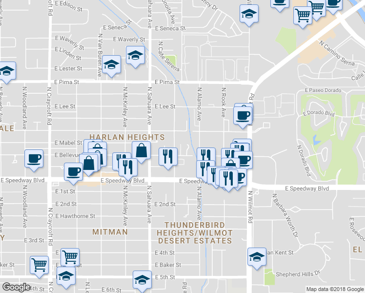 map of restaurants, bars, coffee shops, grocery stores, and more near 1264 North Fisher Place in Tucson