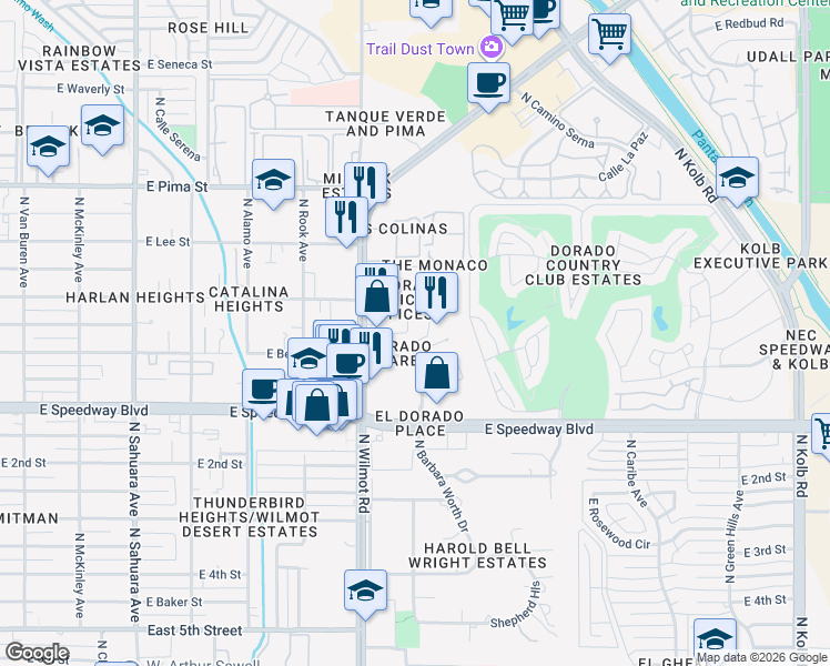 map of restaurants, bars, coffee shops, grocery stores, and more near 1181 North El Dorado Place in Tucson