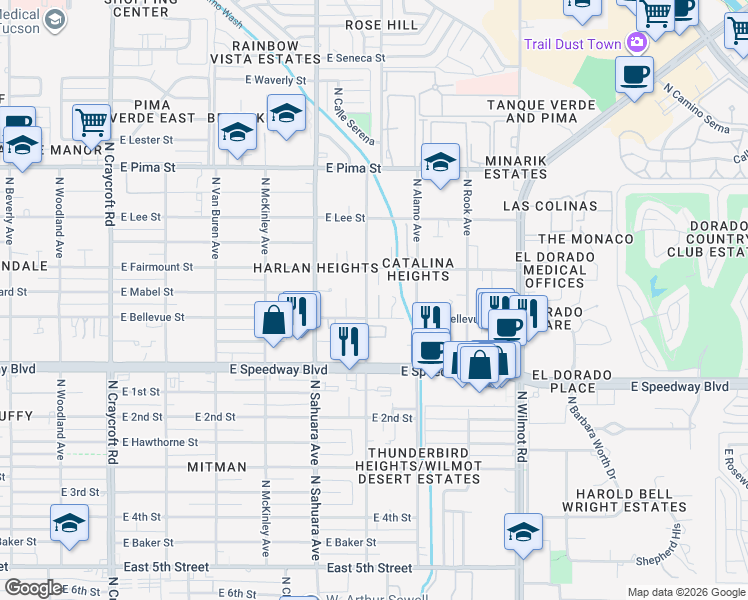 map of restaurants, bars, coffee shops, grocery stores, and more near 6032 East Bellevue Street in Tucson