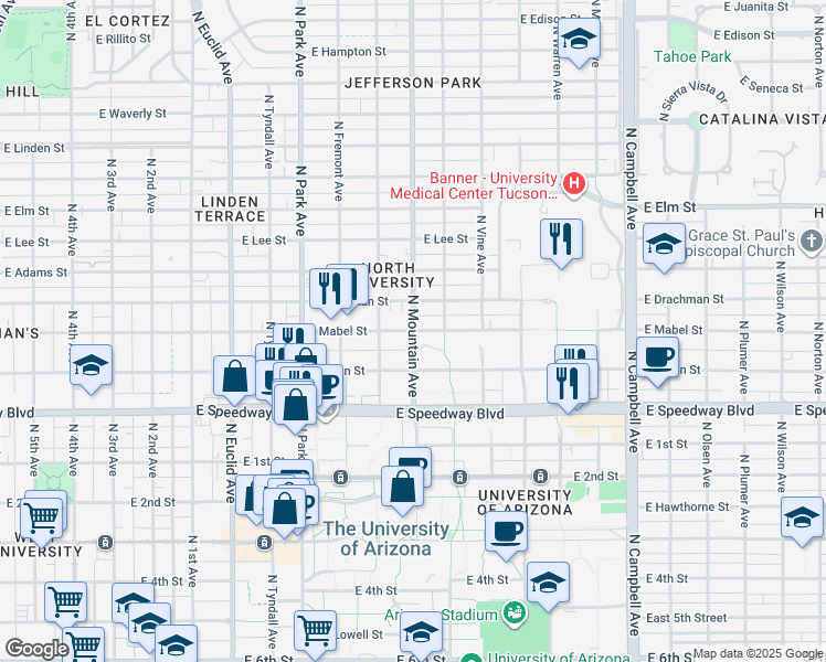 map of restaurants, bars, coffee shops, grocery stores, and more near N Mountain Ave & E Mabel St in Tucson