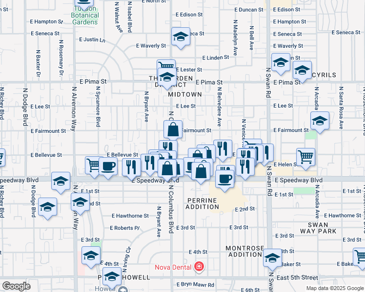 map of restaurants, bars, coffee shops, grocery stores, and more near 4361 East Bellevue Street in Tucson