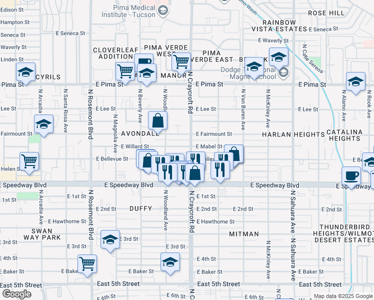 map of restaurants, bars, coffee shops, grocery stores, and more near 5501 East Bellevue Street in Tucson