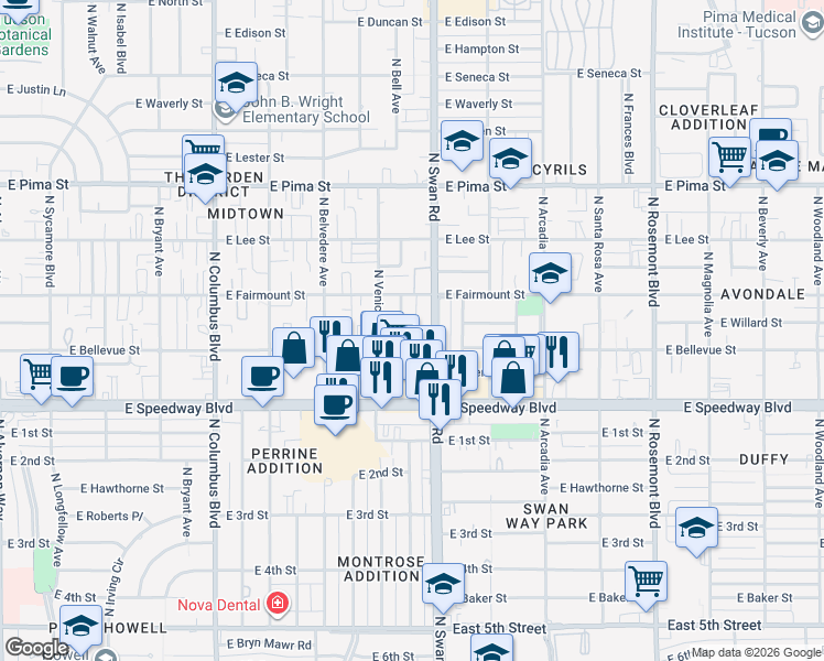 map of restaurants, bars, coffee shops, grocery stores, and more near 1242 North Roberts Way in Tucson