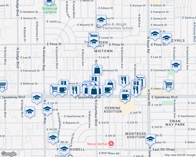 map of restaurants, bars, coffee shops, grocery stores, and more near 4301 East Bellevue Street in Tucson