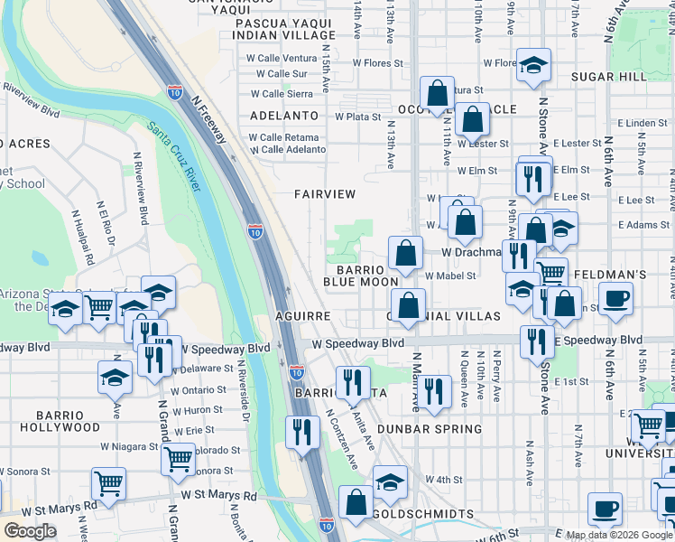 map of restaurants, bars, coffee shops, grocery stores, and more near 664 West Alto Place in Tucson