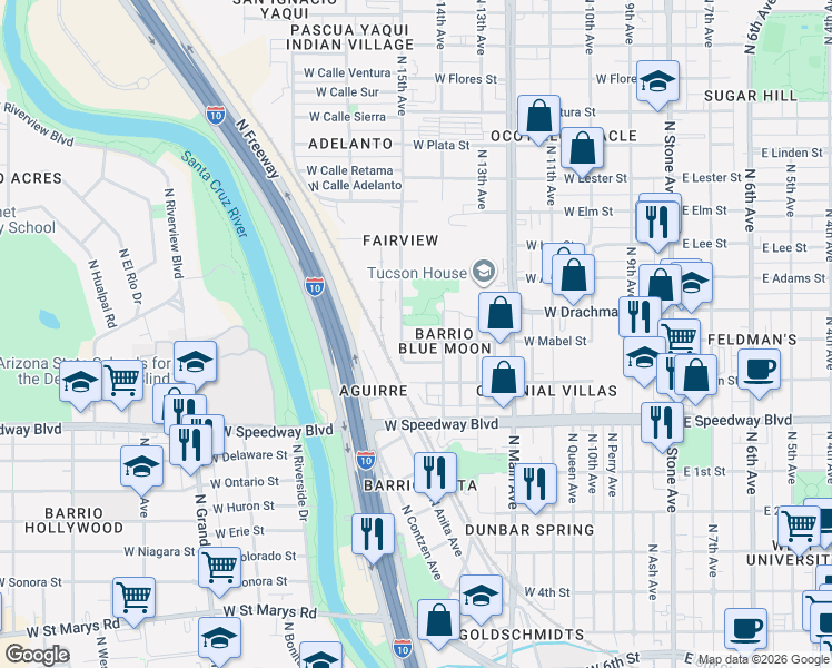 map of restaurants, bars, coffee shops, grocery stores, and more near 664 West Alto Place in Tucson