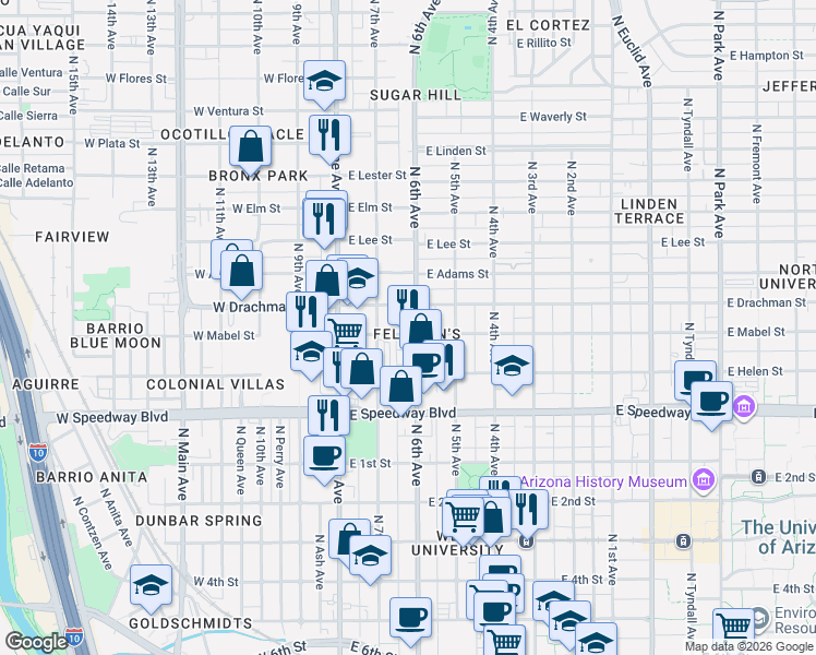 map of restaurants, bars, coffee shops, grocery stores, and more near 1315 North 6th Avenue in Tucson