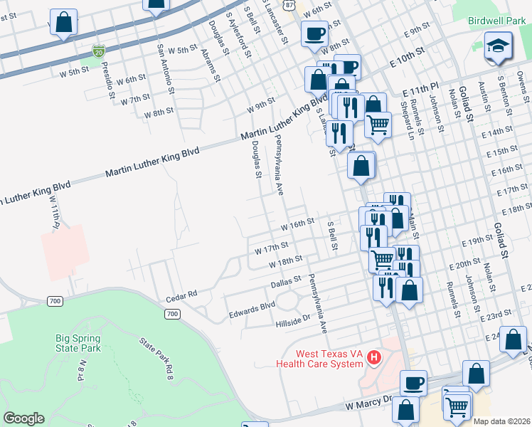 map of restaurants, bars, coffee shops, grocery stores, and more near 1499 Douglas St in Big Spring